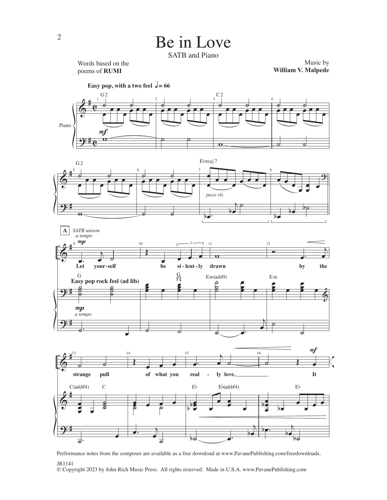 William V. Malpede Be In Love sheet music notes and chords arranged for SATB Choir