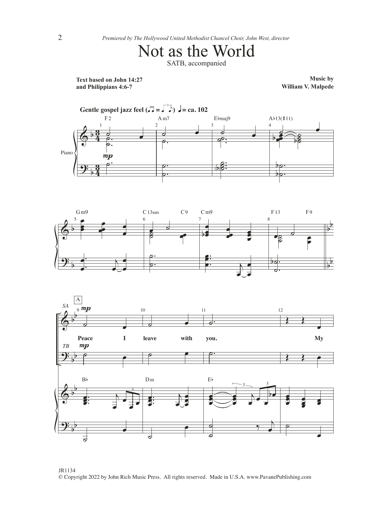 William V. Malpede Not as the World sheet music notes and chords arranged for SATB Choir