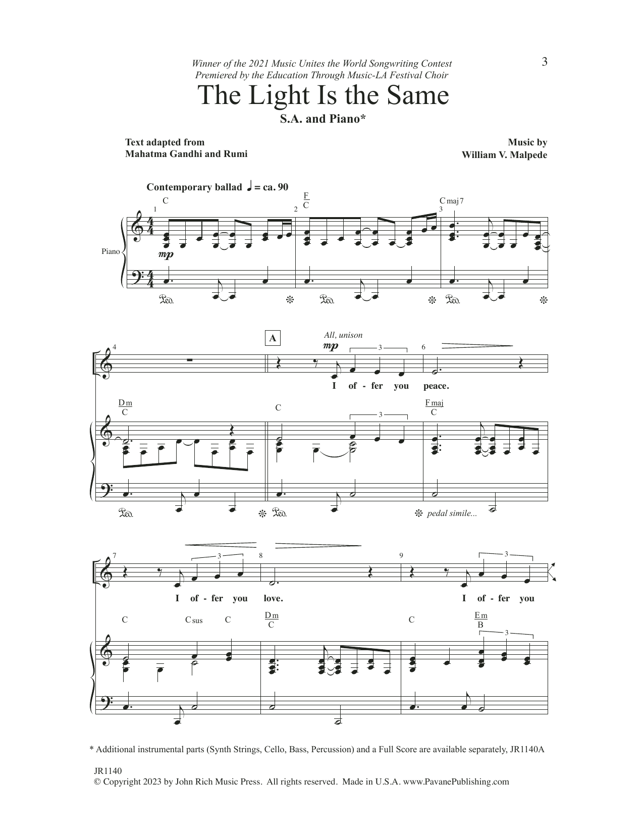 William V. Malpede The Light Is The Same sheet music notes and chords arranged for Choir