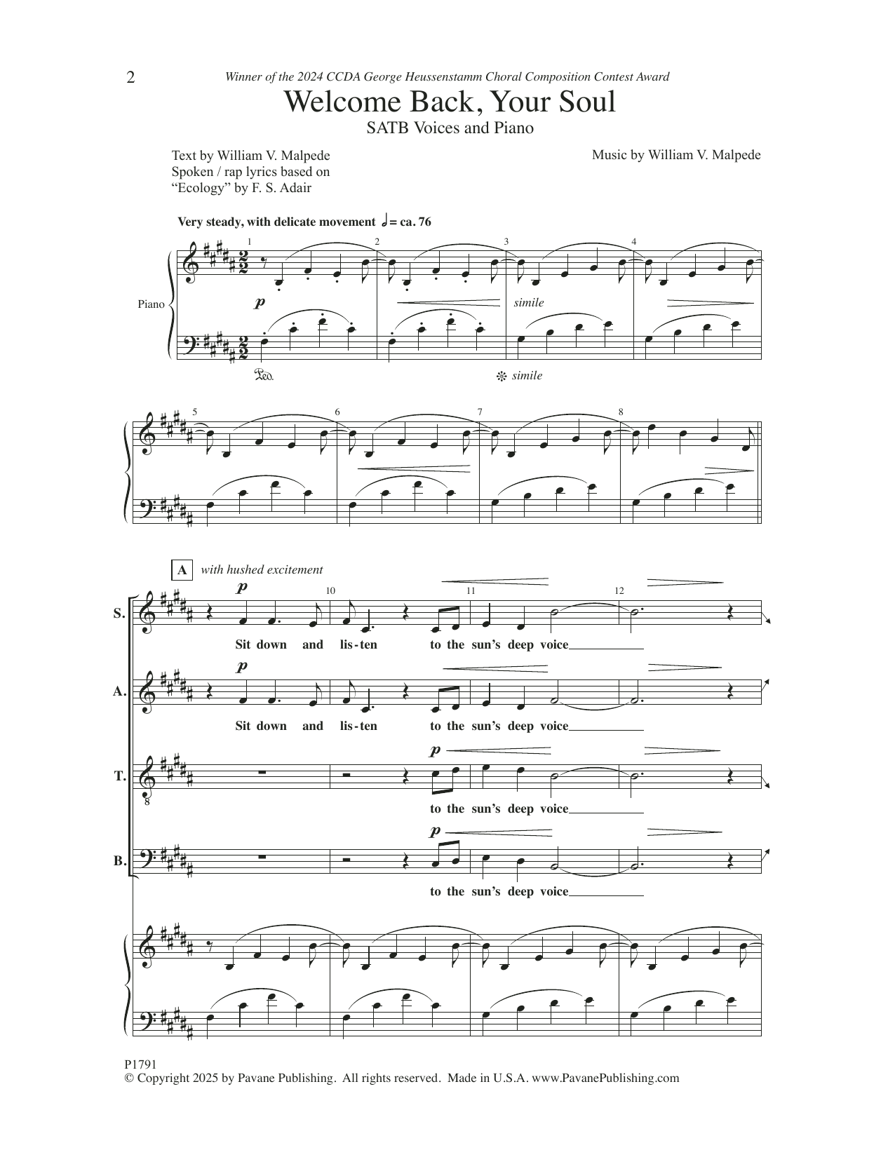 William V. Malpede Welcome Back, Your Soul sheet music notes and chords arranged for SATB Choir