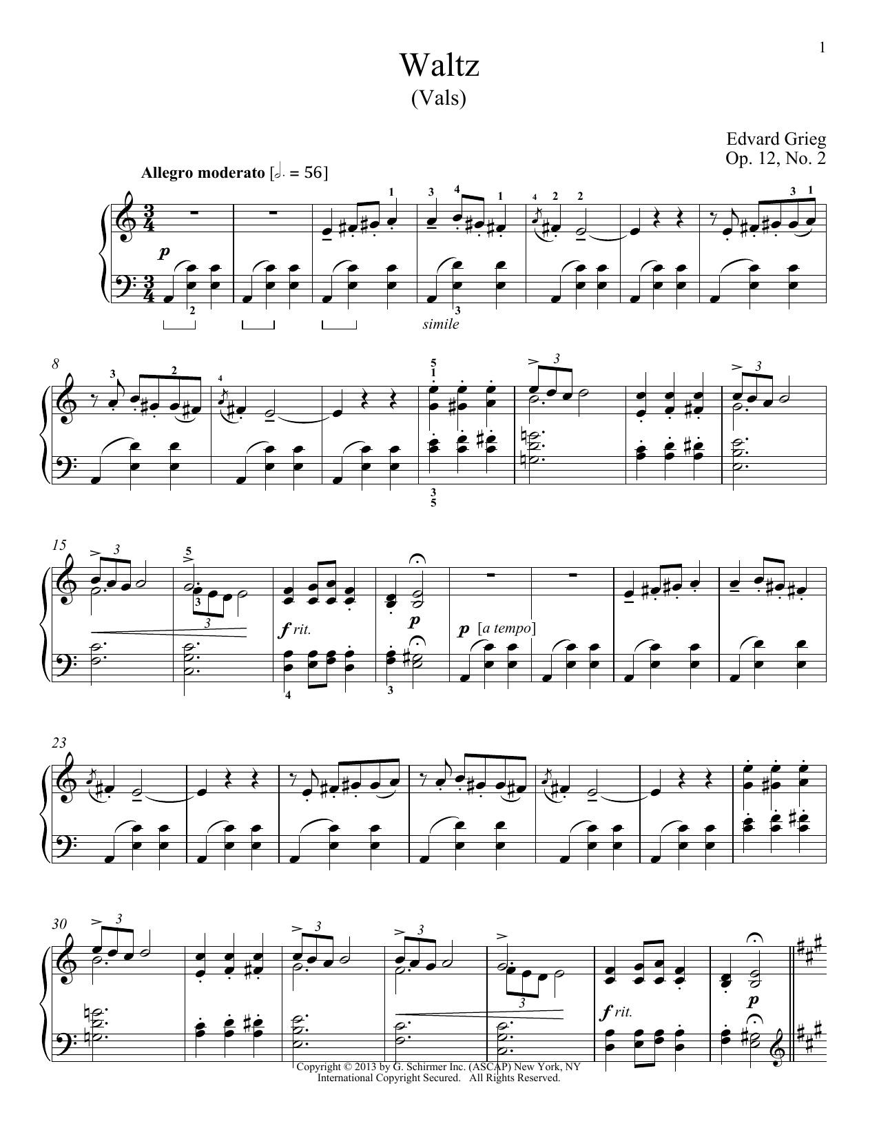 William Westney Waltz (Vals), Op. 12, No. 2 sheet music notes and chords arranged for Piano Solo