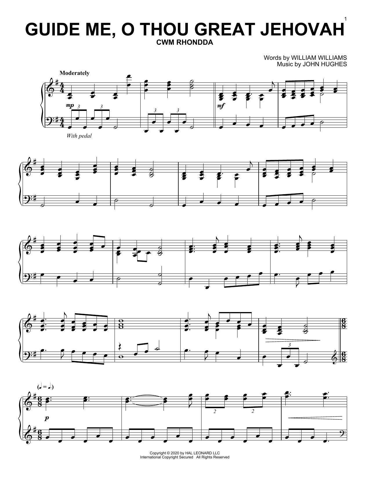 William Williams and John Hughes Guide Me, O Thou Great Jehovah sheet music notes and chords arranged for Piano Solo