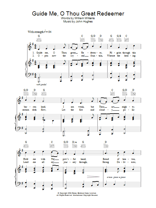 William Williams Guide Me, O Thou Great Redeemer sheet music notes and chords arranged for Piano, Vocal & Guitar Chords