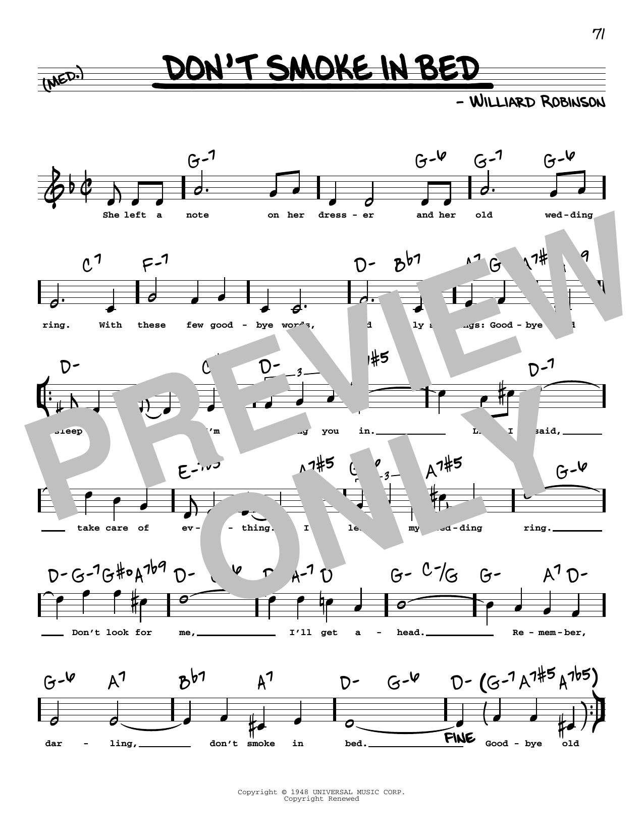 Williard Robinson Don't Smoke In Bed (High Voice) sheet music notes and chords arranged for Real Book – Melody, Lyrics & Chords