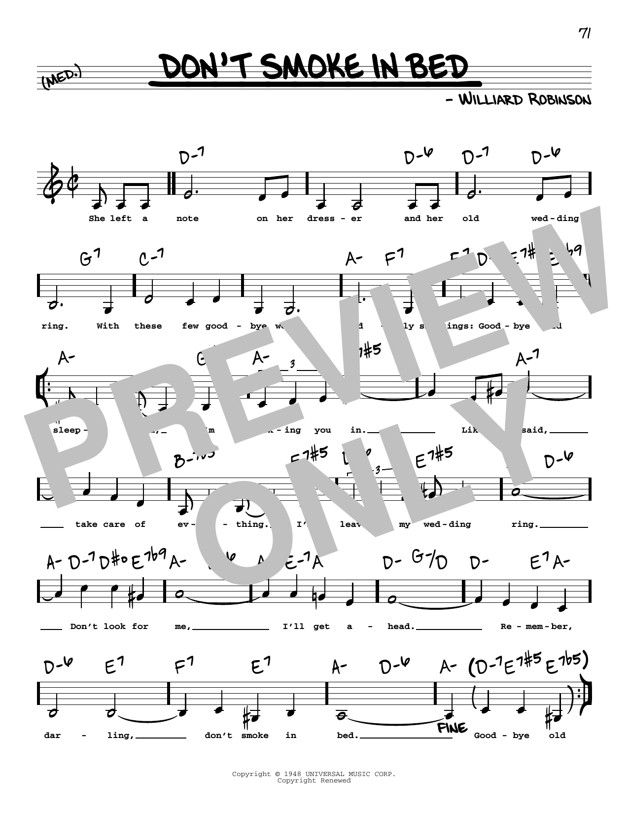 Williard Robinson Don't Smoke In Bed (Low Voice) sheet music notes and chords arranged for Real Book – Melody, Lyrics & Chords
