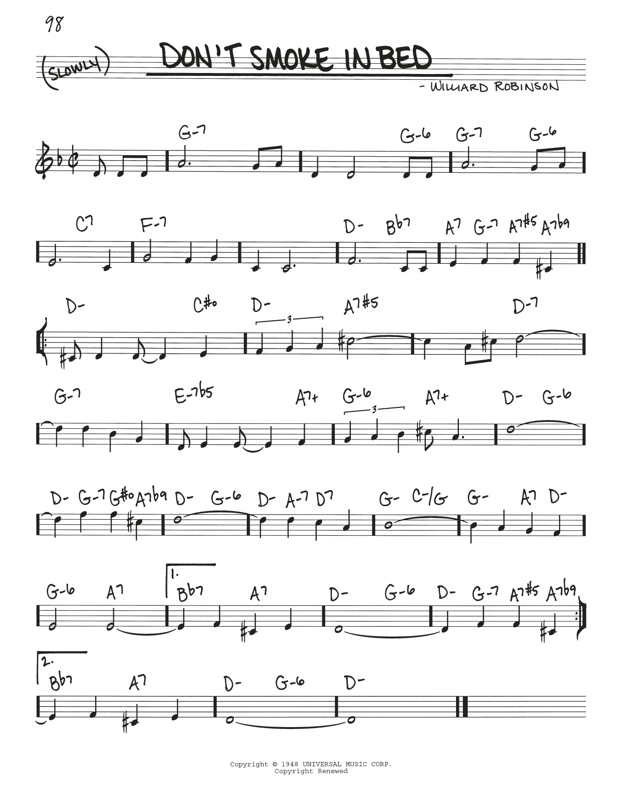 Williard Robinson Don't Smoke In Bed sheet music notes and chords arranged for Real Book – Melody & Chords