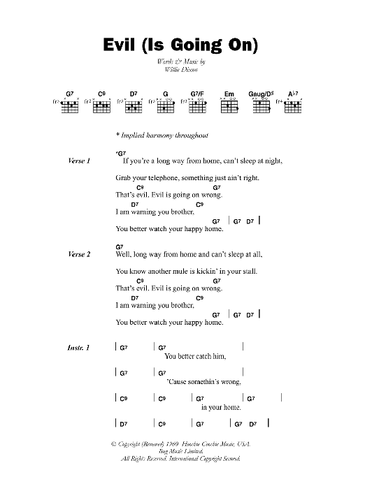 Willie Dixon Evil (Is Going On) sheet music notes and chords arranged for Guitar Chords/Lyrics