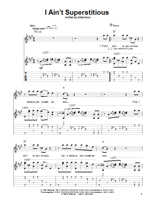 Willie Dixon I Ain't Superstitious sheet music notes and chords arranged for Solo Guitar