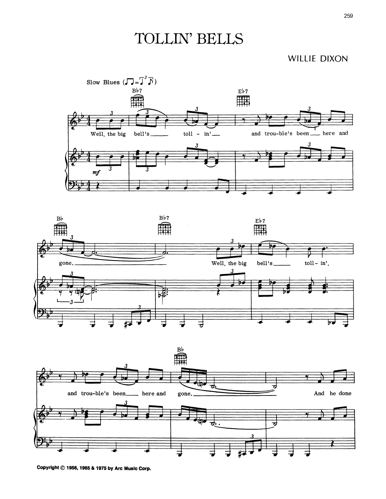 Willie Dixon Tollin' Bells sheet music notes and chords arranged for Piano, Vocal & Guitar Chords (Right-Hand Melody)