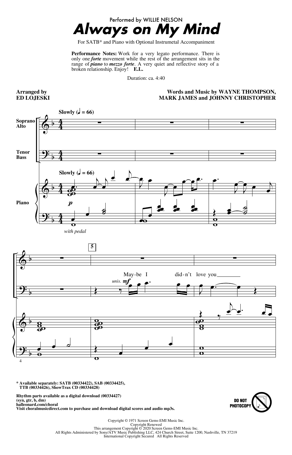 Willie Nelson Always On My Mind (arr. Ed Lojeski) sheet music notes and chords arranged for TTBB Choir