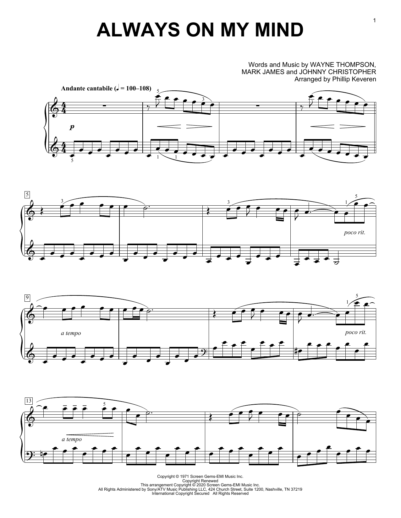 Willie Nelson Always On My Mind [Classical version] (arr. Phillip Keveren) sheet music notes and chords arranged for Piano Solo