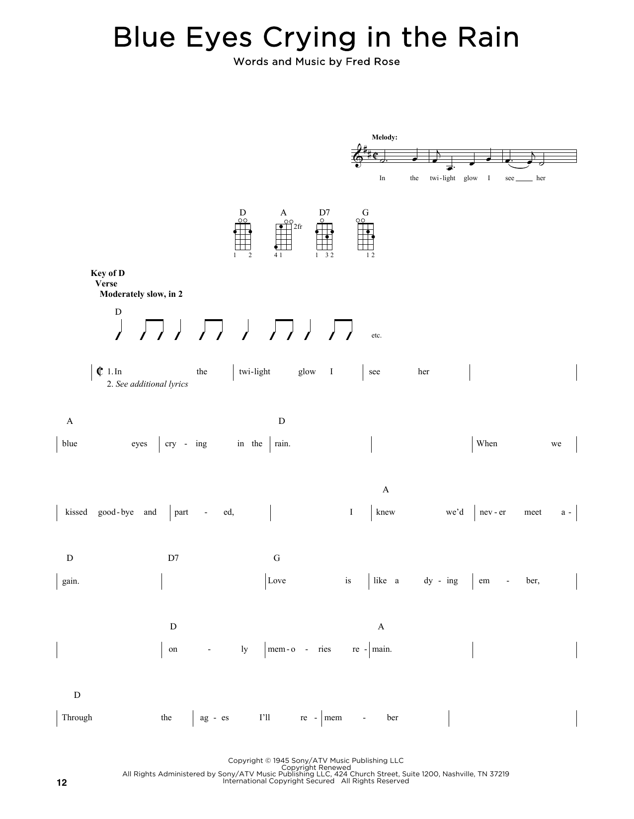 Willie Nelson Blue Eyes Crying In The Rain (arr. Fred Sokolow) sheet music notes and chords arranged for Mandolin