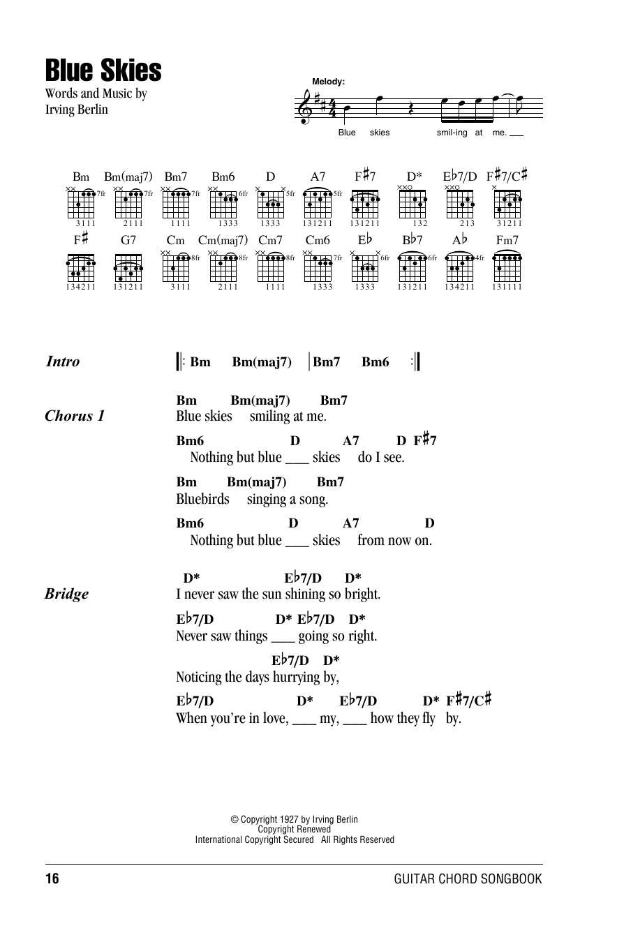 Willie Nelson Blue Skies sheet music notes and chords arranged for Easy Lead Sheet / Fake Book