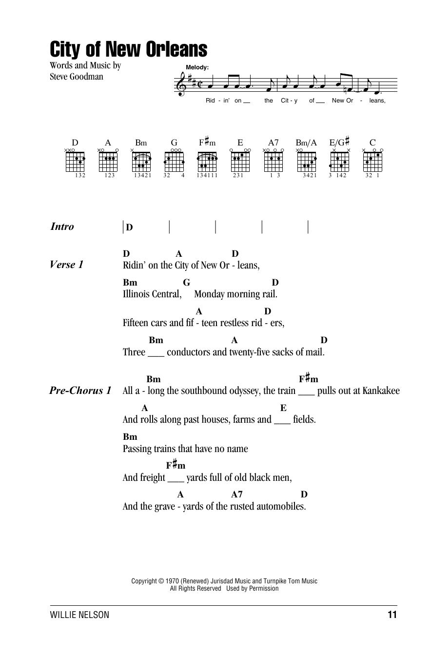 Willie Nelson City Of New Orleans sheet music notes and chords arranged for Guitar Chords/Lyrics