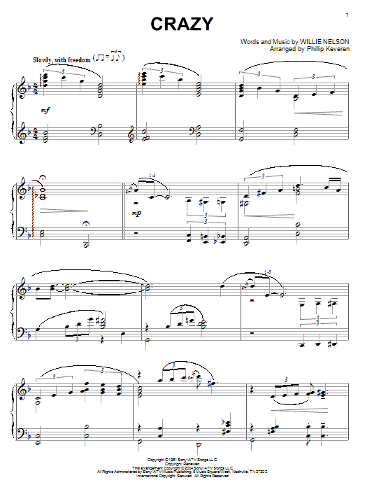 Willie Nelson Crazy (arr. Phillip Keveren) sheet music notes and chords arranged for Piano Solo