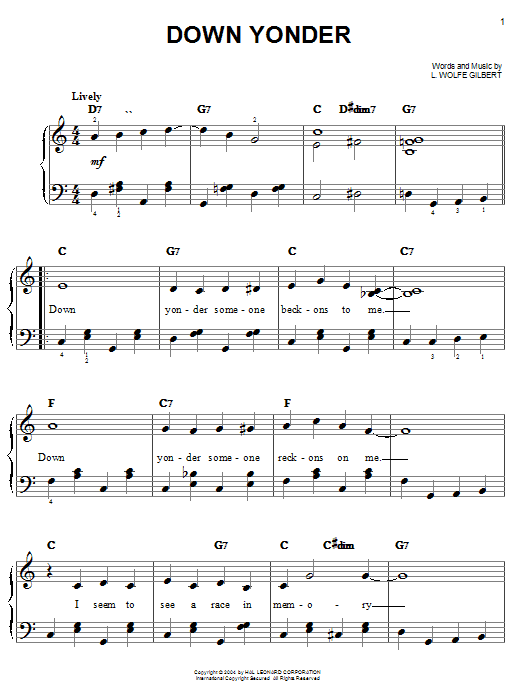 Willie Nelson Down Yonder sheet music notes and chords arranged for Easy Piano
