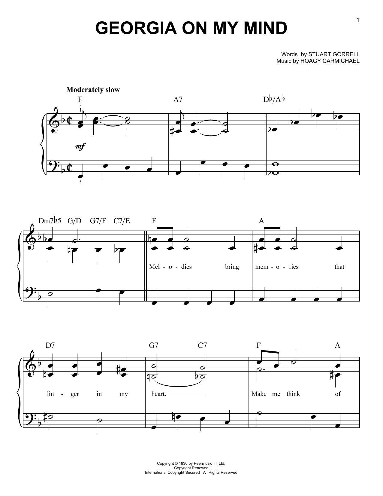 Willie Nelson Georgia On My Mind sheet music notes and chords arranged for Easy Piano