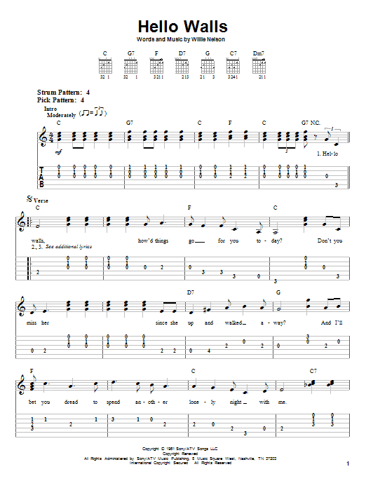 Willie Nelson Hello Walls sheet music notes and chords arranged for Easy Guitar Tab