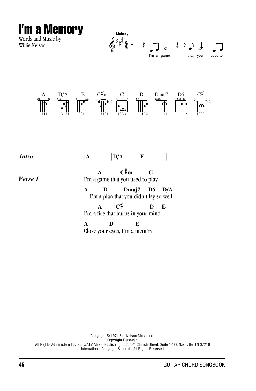 Willie Nelson I'm A Memory sheet music notes and chords arranged for Guitar Chords/Lyrics