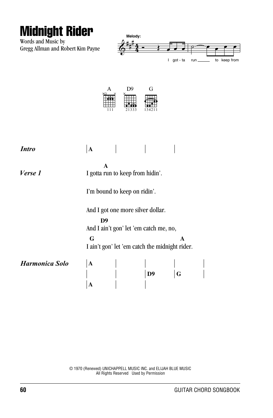 Willie Nelson Midnight Rider sheet music notes and chords arranged for Guitar Chords/Lyrics