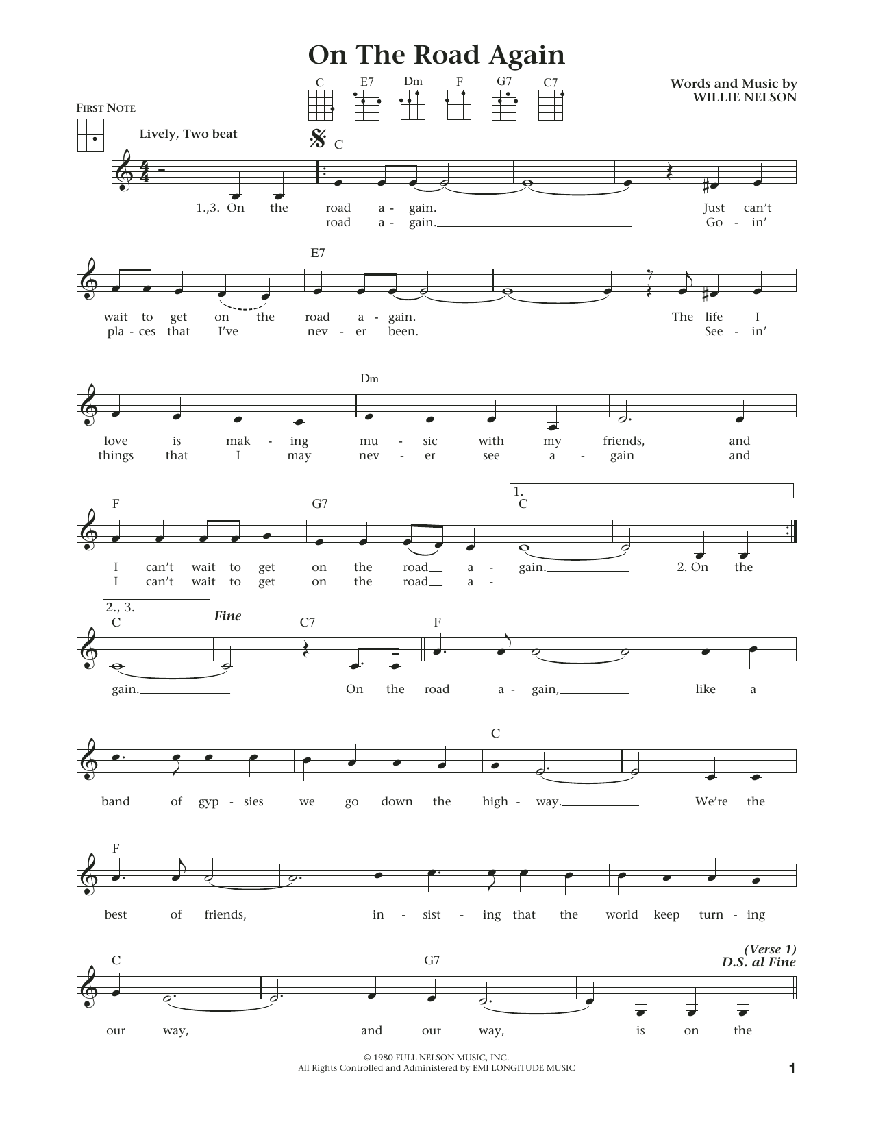 Willie Nelson On The Road Again (from The Daily Ukulele) (arr. Liz and Jim Beloff) sheet music notes and chords arranged for Ukulele