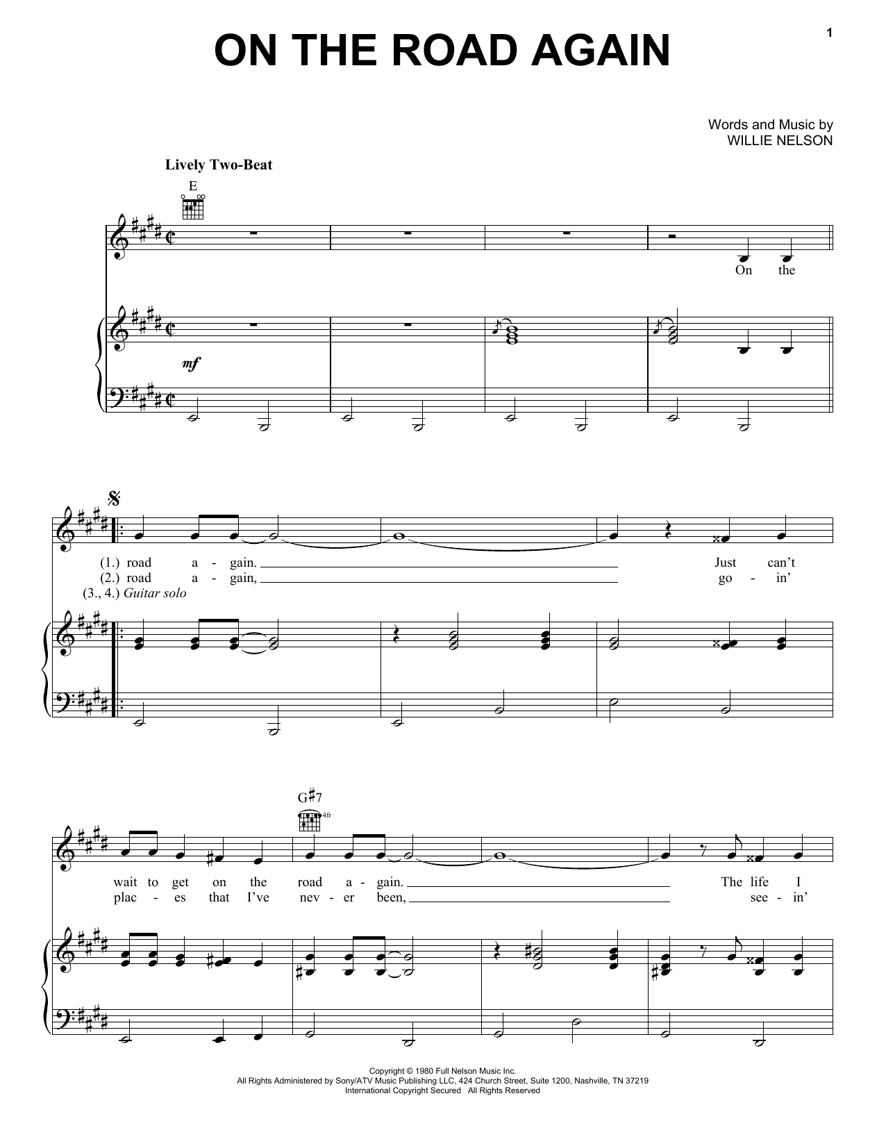Willie Nelson On The Road Again sheet music notes and chords arranged for Very Easy Piano