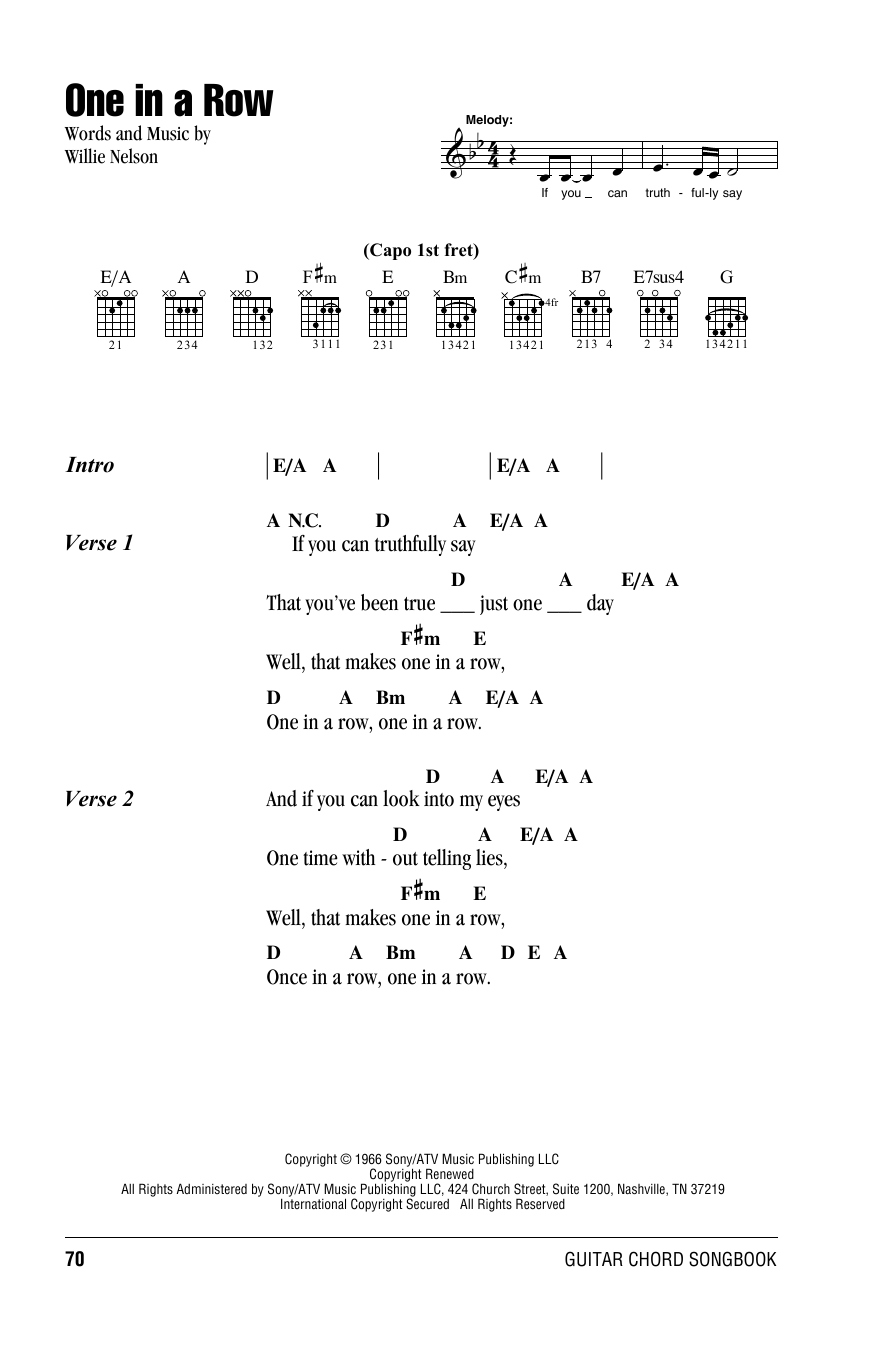 Willie Nelson One In A Row sheet music notes and chords arranged for Guitar Chords/Lyrics