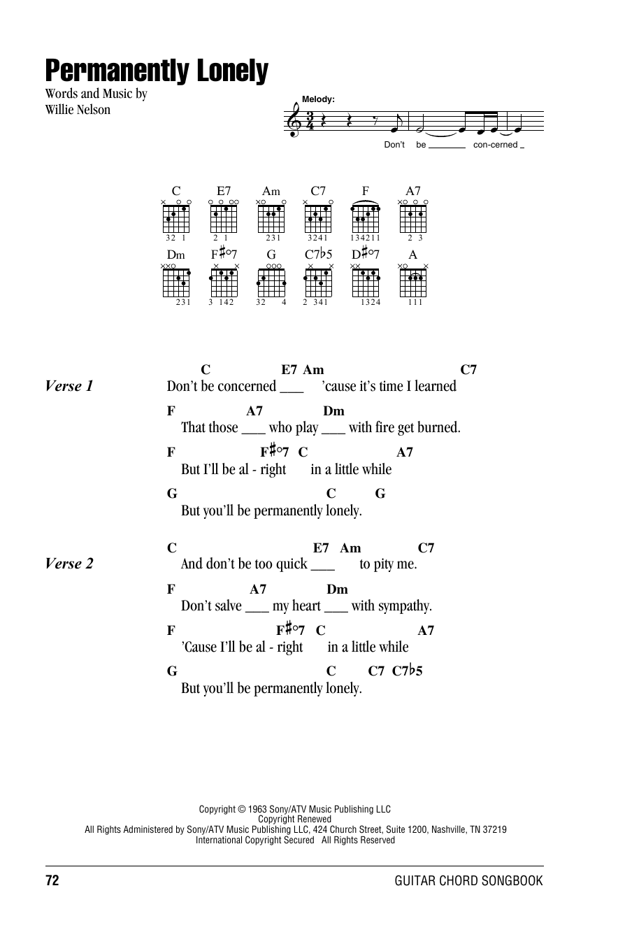 Willie Nelson Permanently Lonely sheet music notes and chords arranged for Guitar Chords/Lyrics