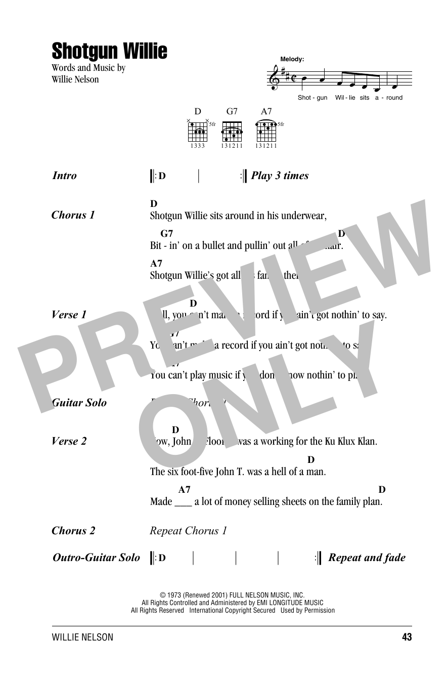 Willie Nelson Shotgun Willie sheet music notes and chords arranged for Guitar Chords/Lyrics