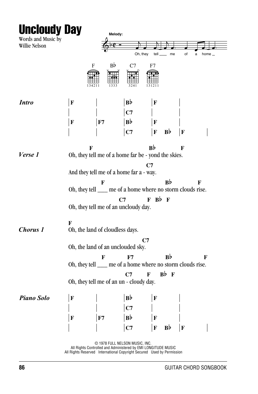Willie Nelson Uncloudy Day sheet music notes and chords arranged for Guitar Chords/Lyrics