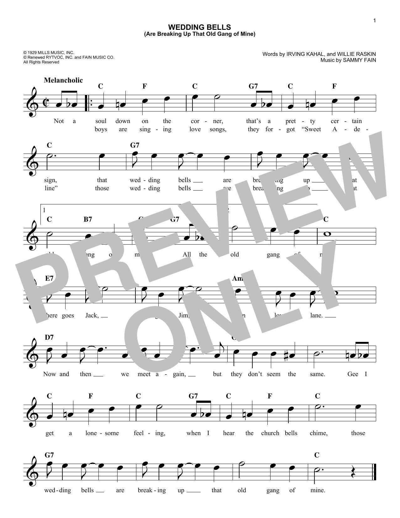 Willie Raskin Wedding Bells (Are Breaking Up That Old Gang Of Mine) sheet music notes and chords arranged for Easy Lead Sheet / Fake Book
