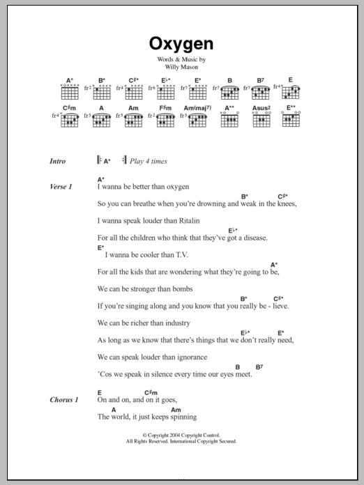 Willy Mason Oxygen sheet music notes and chords arranged for Guitar Chords/Lyrics