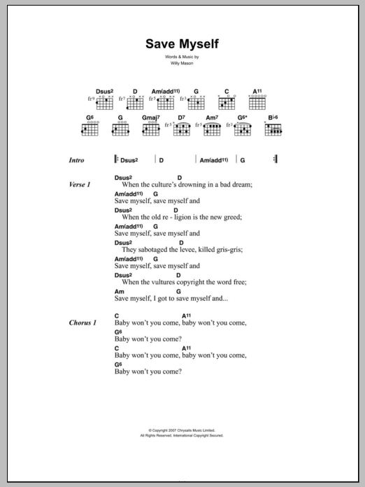 Willy Mason Save Myself sheet music notes and chords arranged for Guitar Chords/Lyrics