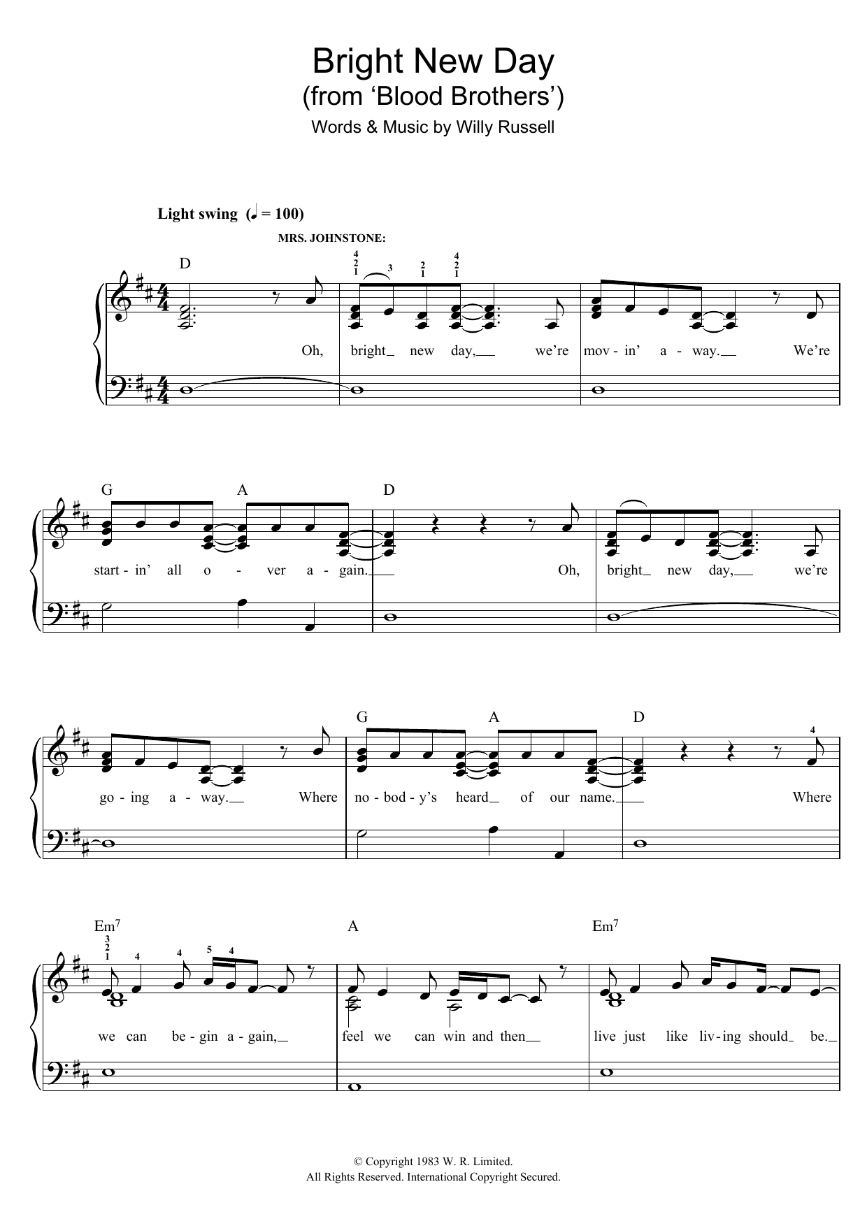 Willy Russell Bright New Day (from Blood Brothers) sheet music notes and chords arranged for Easy Piano