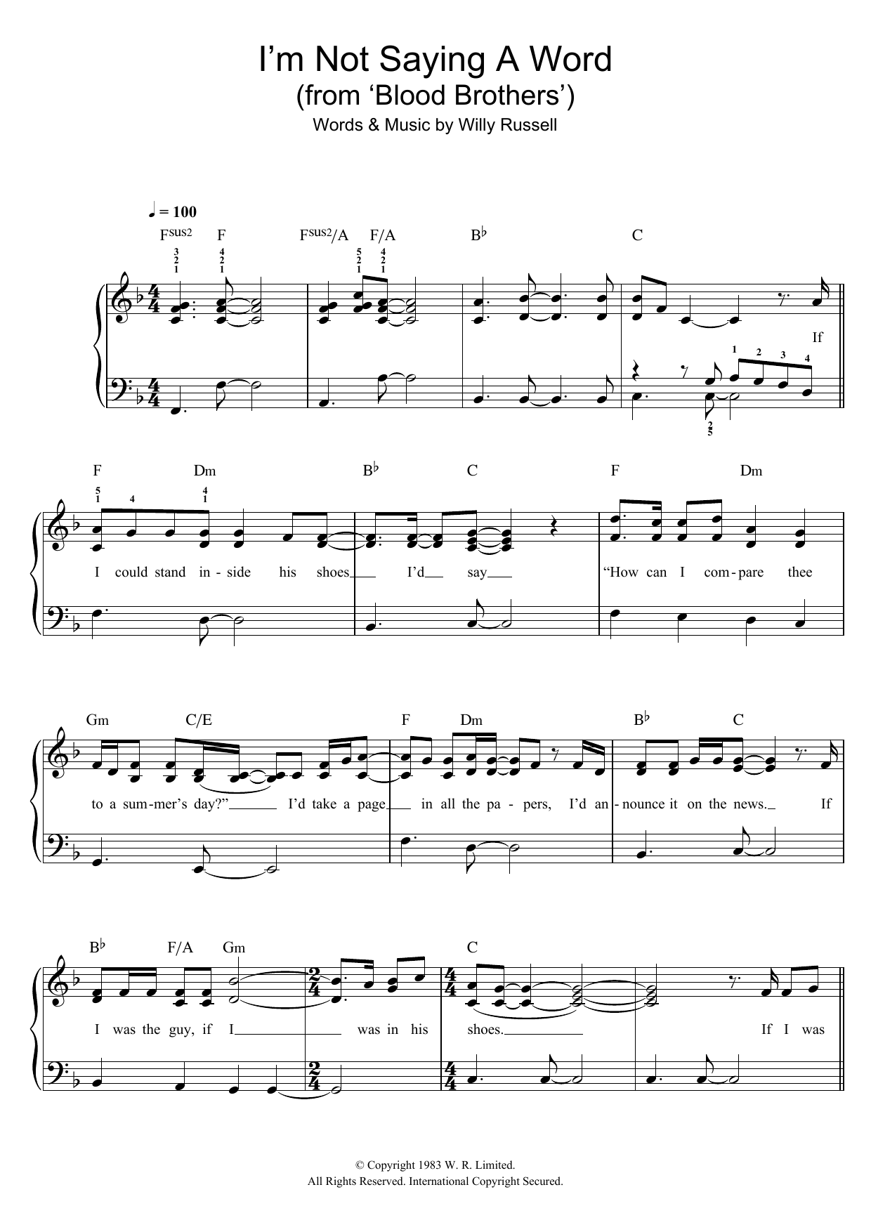 Willy Russell I'm Not Saying A Word (from Blood Brothers) sheet music notes and chords arranged for Easy Piano