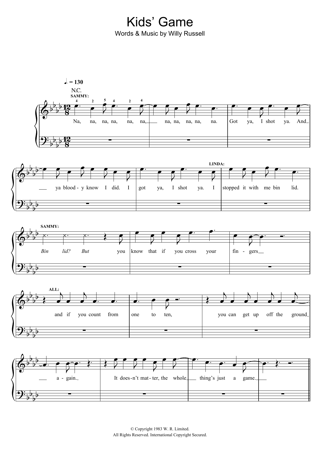 Willy Russell Kids' Game (from Blood Brothers) sheet music notes and chords arranged for Easy Piano