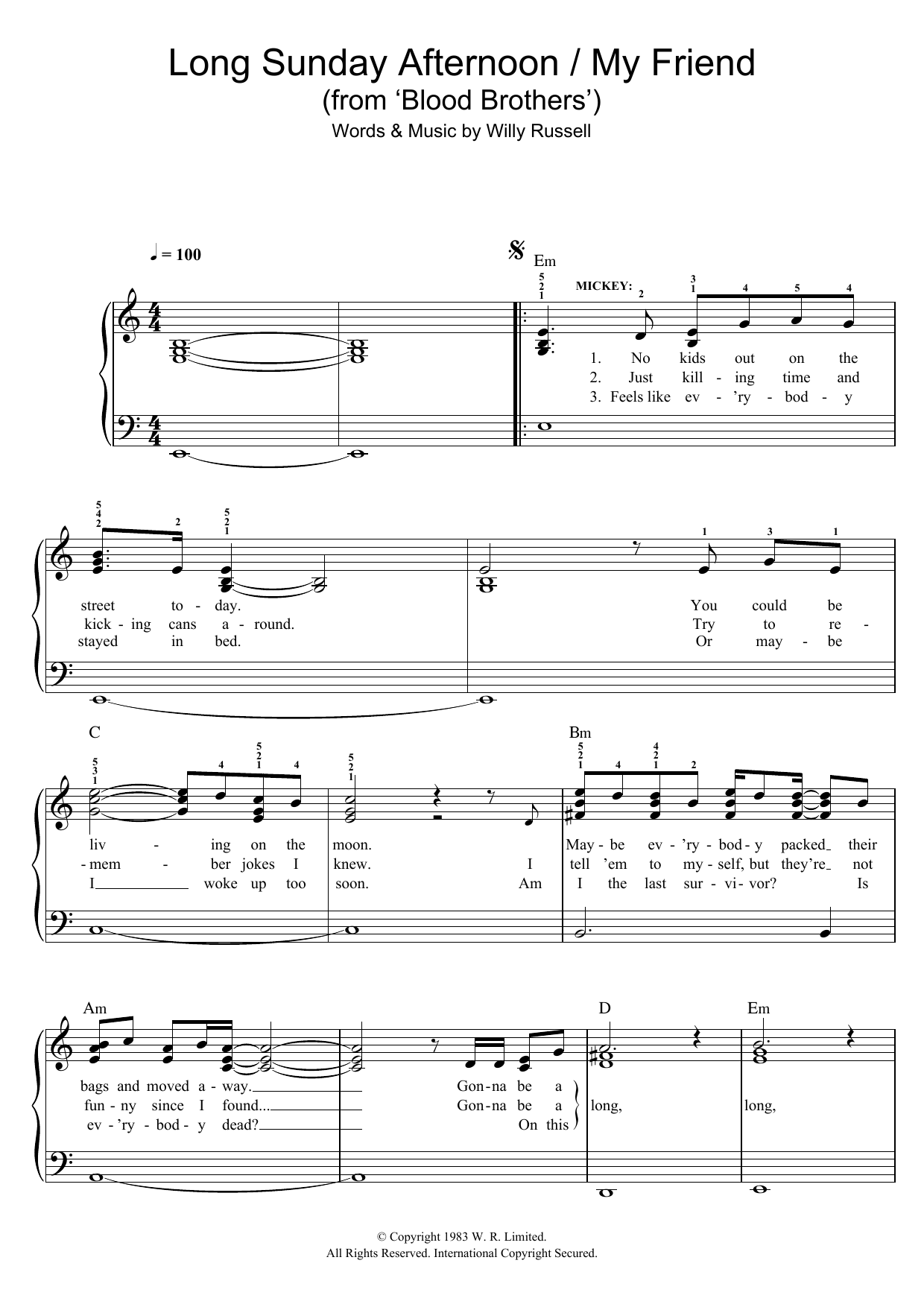 Willy Russell Long Sunday Afternoon/My Friend (from Blood Brothers) sheet music notes and chords arranged for Easy Piano