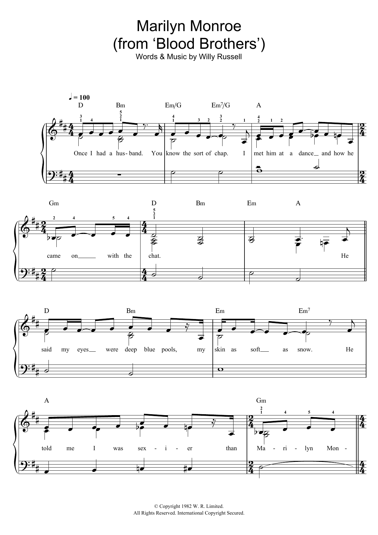 Willy Russell Marilyn Monroe (from Blood Brothers) sheet music notes and chords arranged for Easy Piano