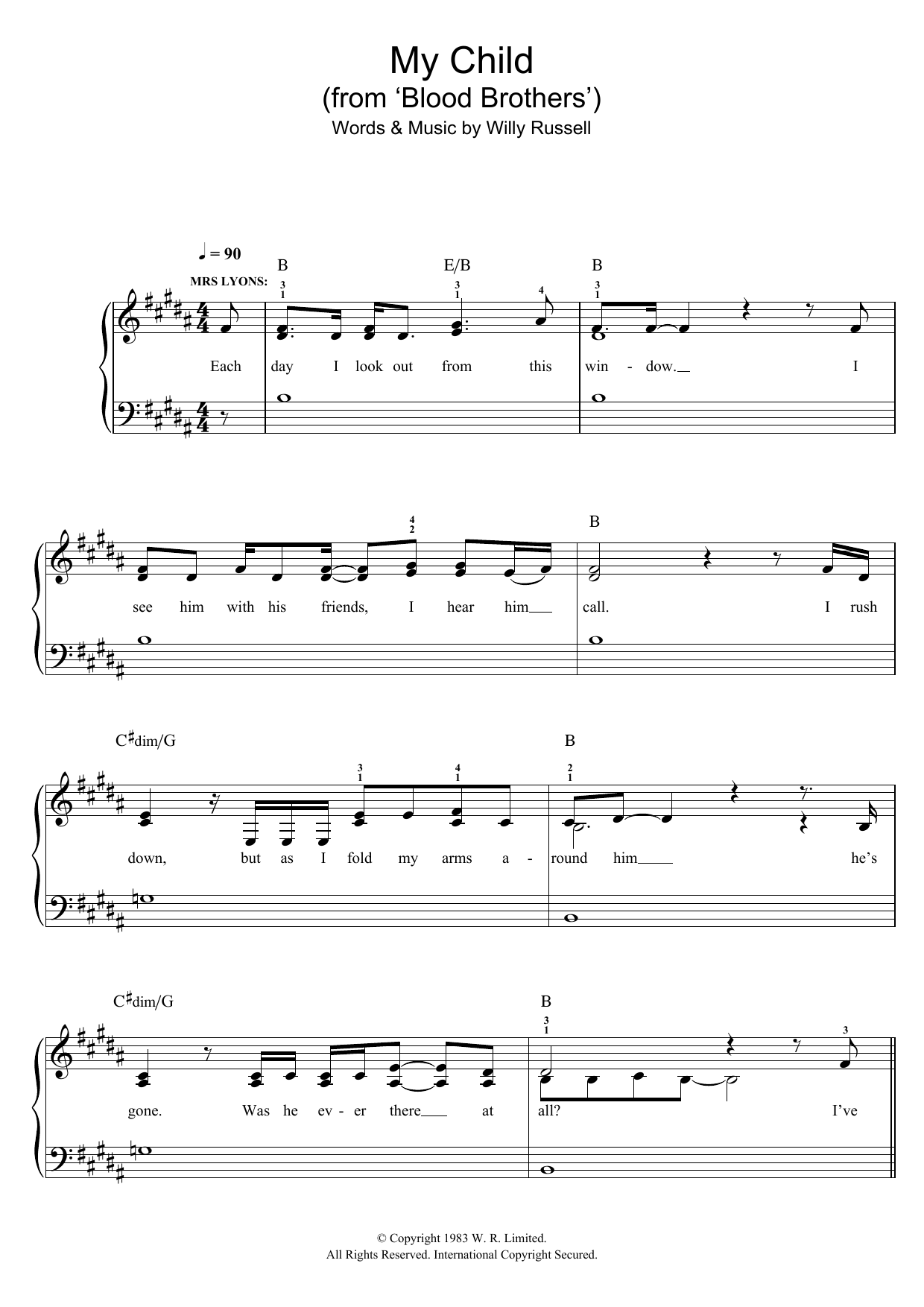 Willy Russell My Child (from Blood Brothers) sheet music notes and chords arranged for Easy Piano