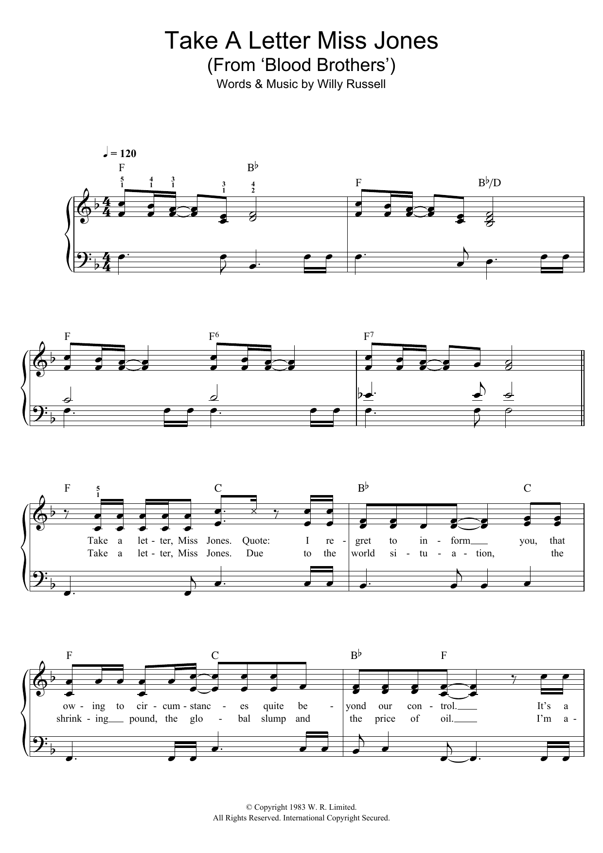 Willy Russell Take A Letter Miss Jones (from Blood Brothers) sheet music notes and chords arranged for Easy Piano