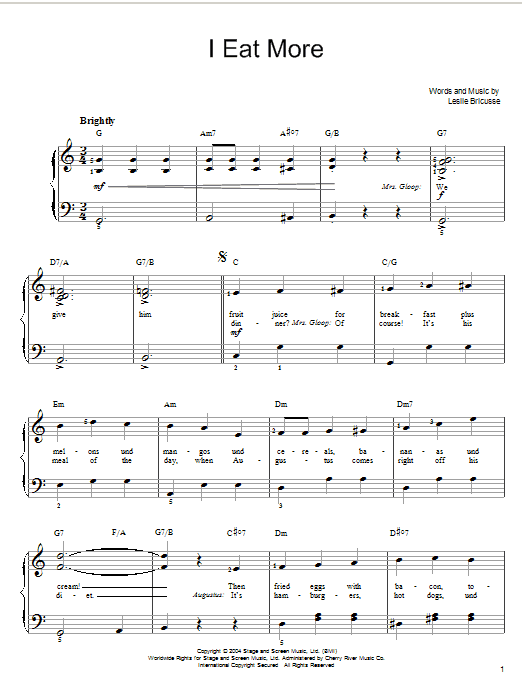 Willy Wonka I Eat More sheet music notes and chords arranged for Easy Piano