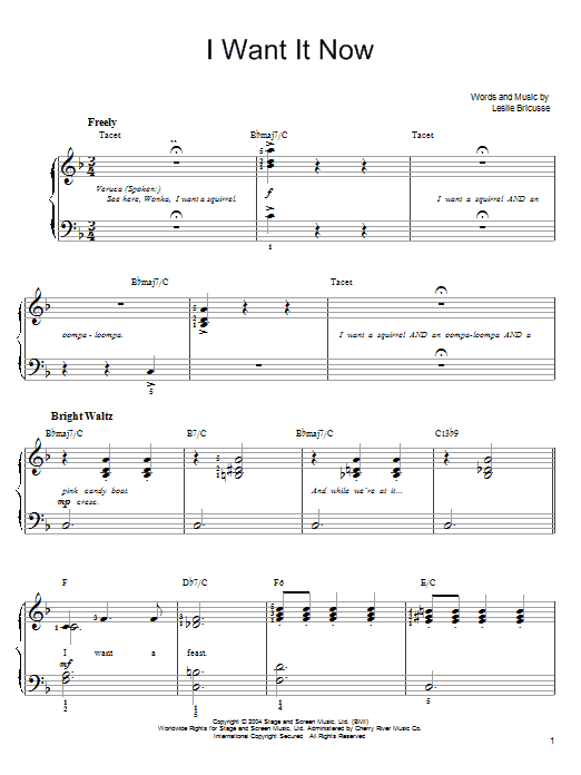 Willy Wonka I Want It Now sheet music notes and chords arranged for Easy Piano