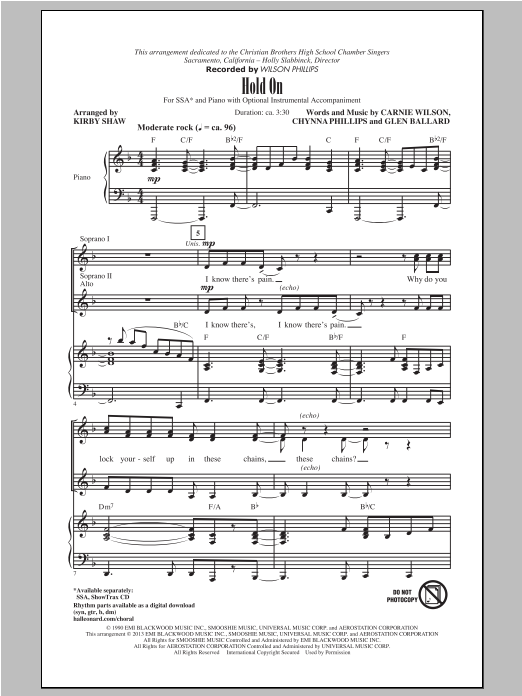 Wilson Phillips Hold On (arr. Kirby Shaw) sheet music notes and chords arranged for SSA Choir