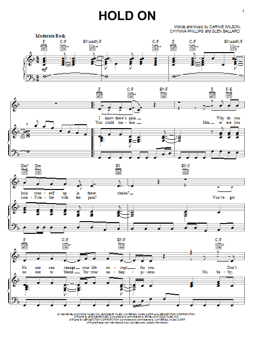 Wilson Phillips Hold On sheet music notes and chords arranged for Piano, Vocal & Guitar Chords