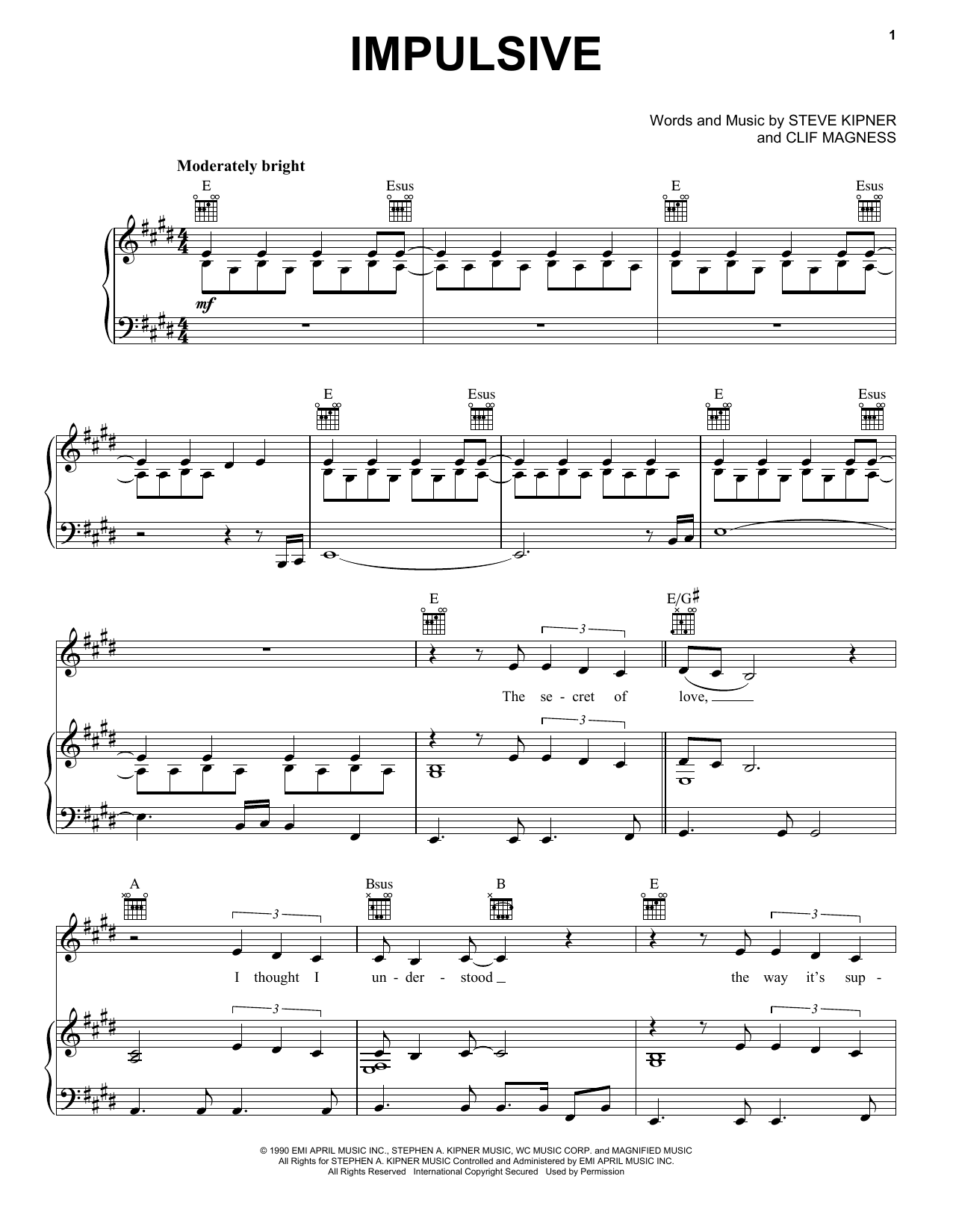 Wilson Phillips Impulsive sheet music notes and chords arranged for Piano, Vocal & Guitar Chords (Right-Hand Melody)