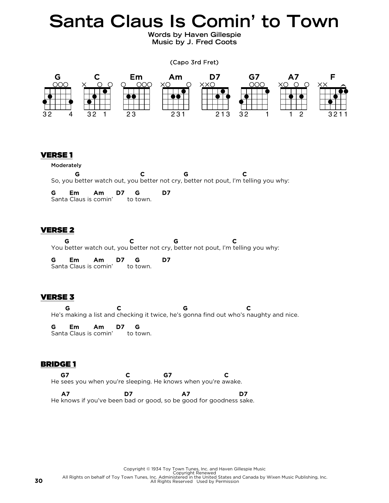 Wilson Phillips Santa Claus Is Comin' To Town sheet music notes and chords arranged for Really Easy Guitar