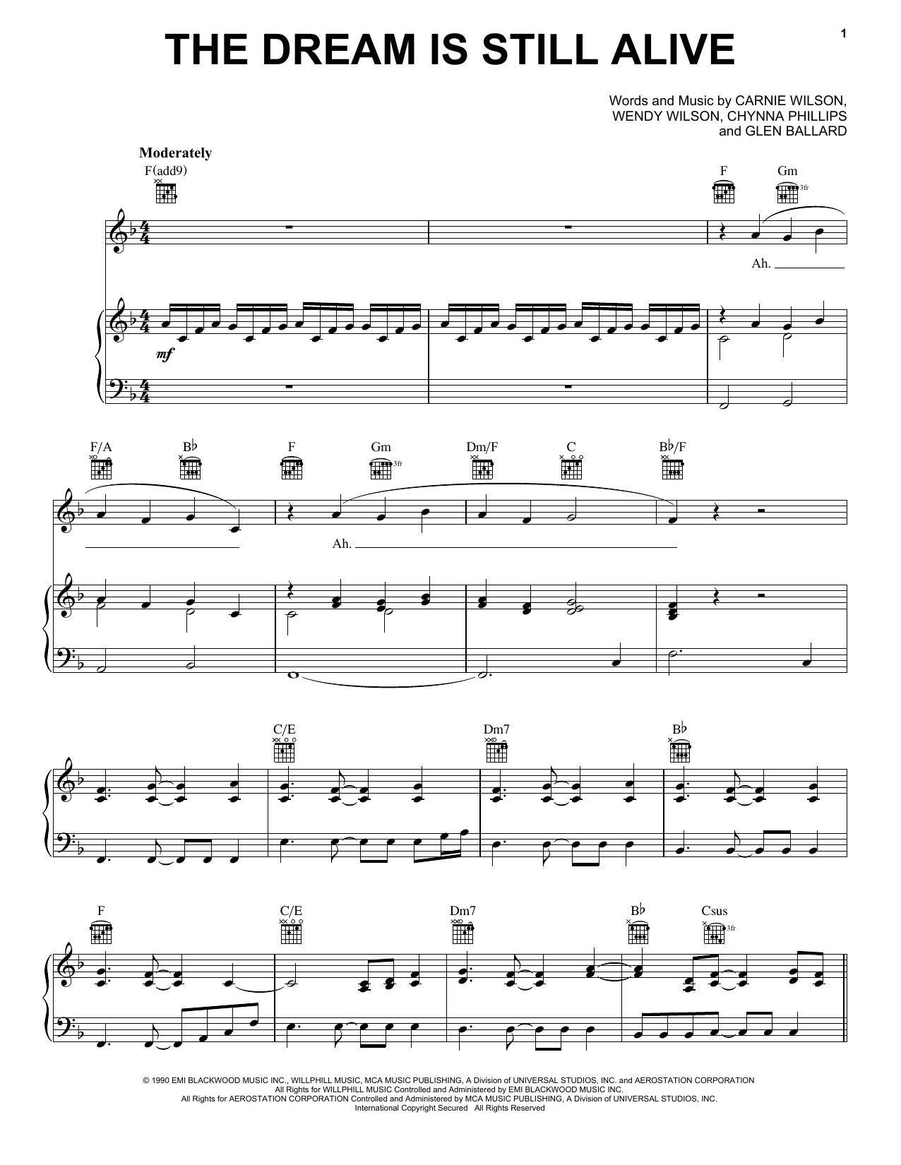 Wilson Phillips The Dream Is Still Alive sheet music notes and chords arranged for Piano, Vocal & Guitar Chords (Right-Hand Melody)