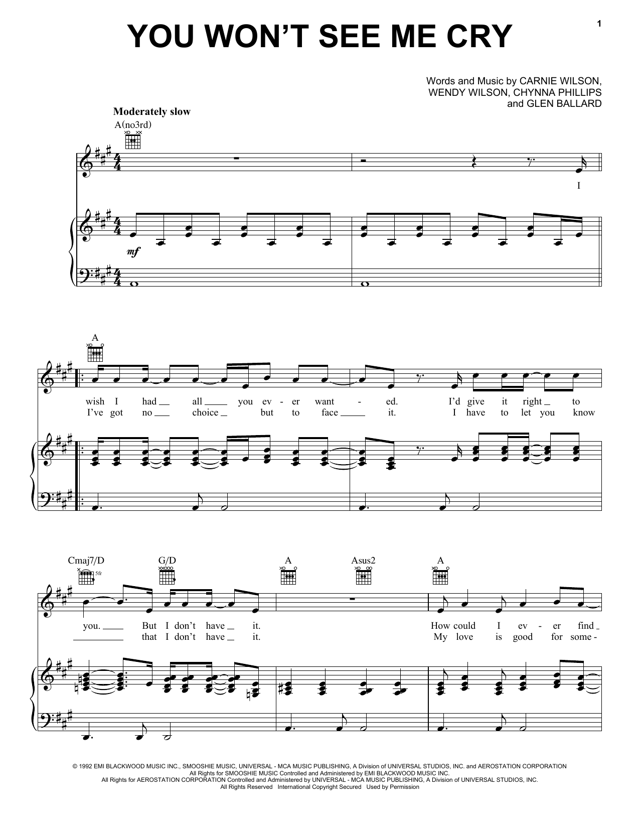 Wilson Phillips You Won't See Me Cry sheet music notes and chords arranged for Piano, Vocal & Guitar Chords (Right-Hand Melody)