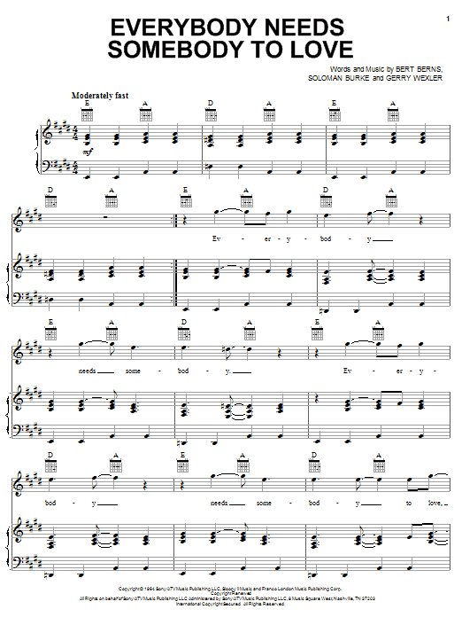 Wilson Pickett Everybody Needs Somebody To Love sheet music notes and chords arranged for Piano, Vocal & Guitar Chords (Right-Hand Melody)