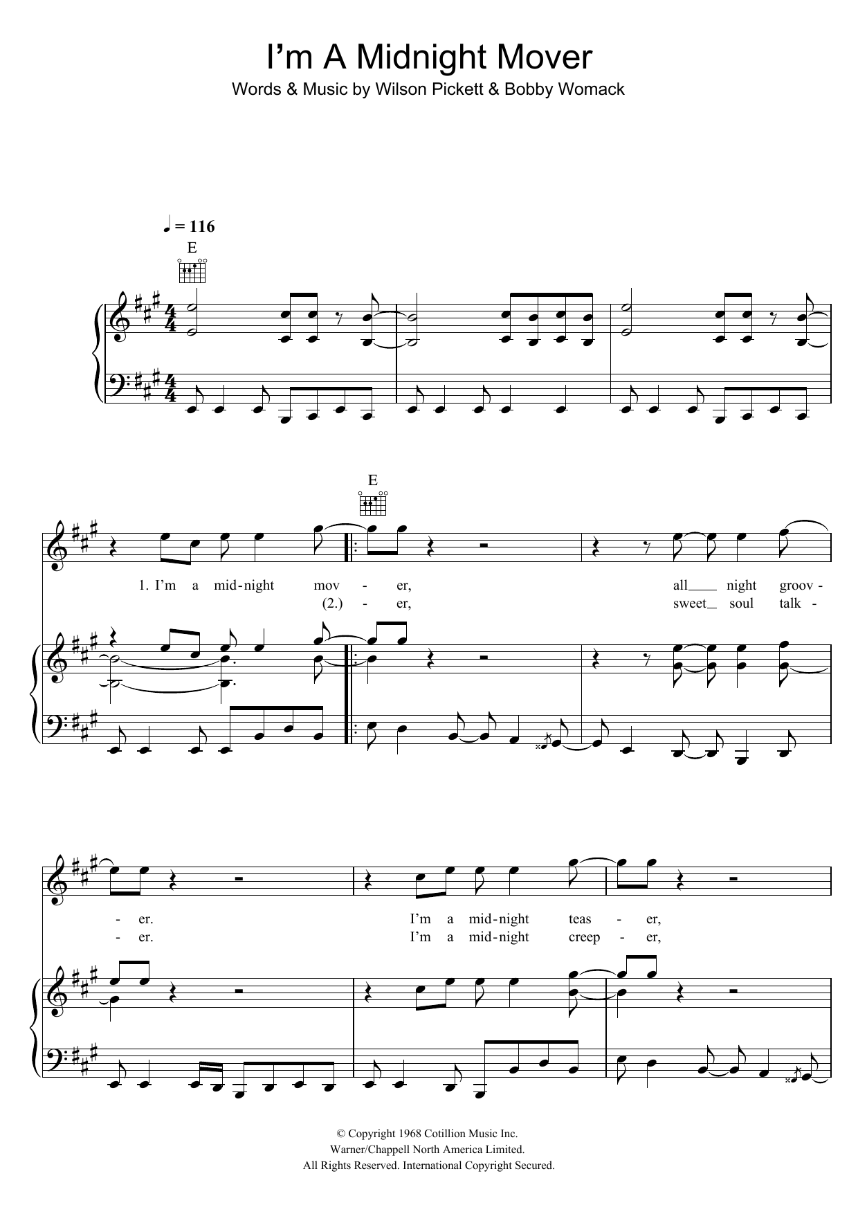 Wilson Pickett I'm A Midnight Mover sheet music notes and chords arranged for Piano, Vocal & Guitar Chords